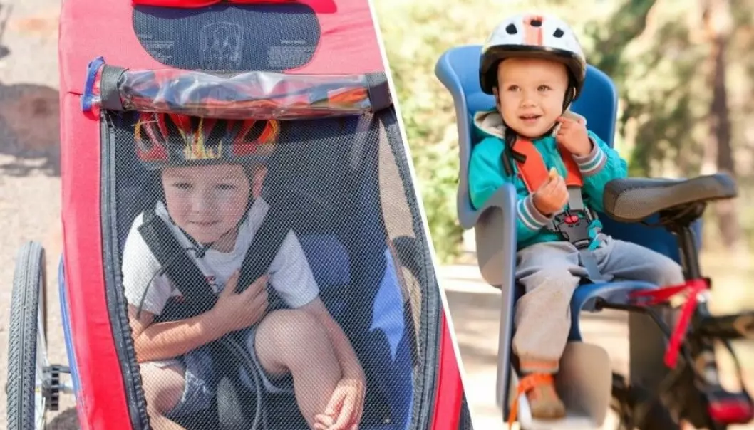 Not much research has been conducted regarding the safest choice for cycling with a child passenger – should tots be in child seats on the bike or placed on a trailer behind it. “In either case, the child should be secured with a seatbelt and a helmet,” says Alena Høye of the Norwegian Centre of Transport Research. (Photo: Shutterstock/NTB scanpix. Montage: Eivind Torgersen)