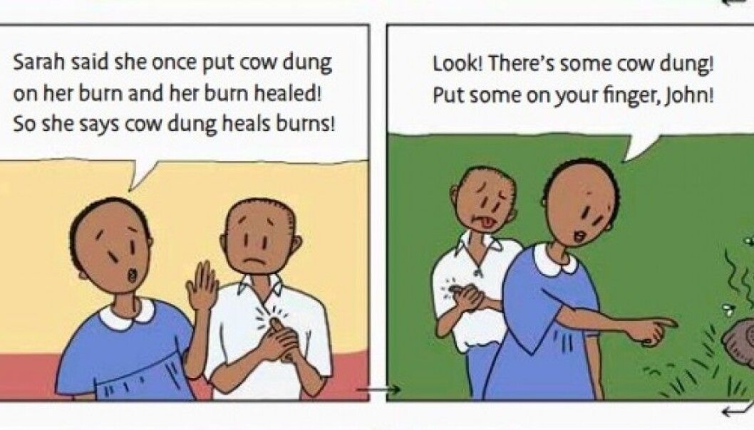 Applying cow dung to heal burns is advice commonly given in Uganda. By using comics in a textbook, researchers were able to teach the kids to be more critical to such advice. (Illustration: Informed Health Choices) Applying cow dung to heal burns is advice commonly given in Uganda. By using comics in a textbook, researchers were able to teach the kids to be more critical to such advice. (Illustration: Informed Health Choices)