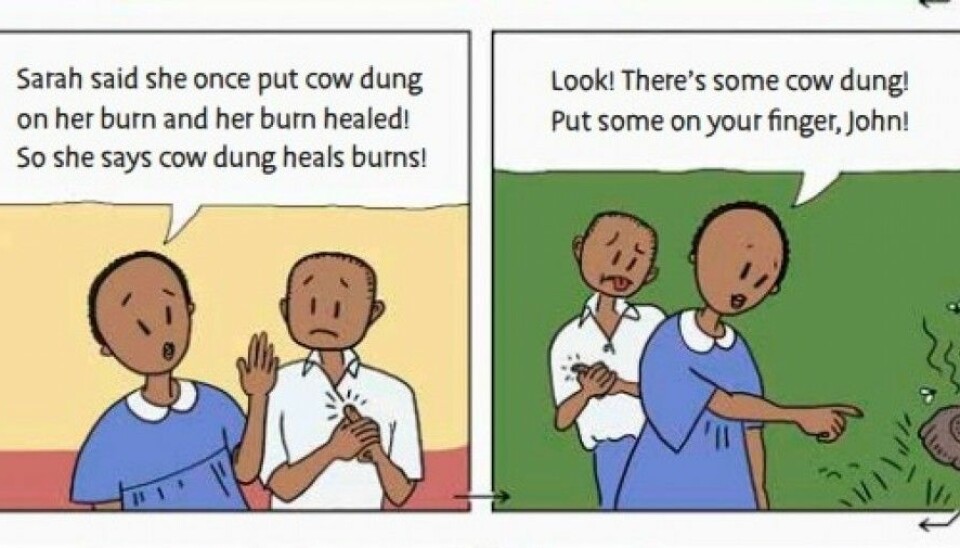 Applying cow dung to heal burns is advice commonly given in Uganda. By using comics in a textbook, researchers were able to teach the kids to be more critical to such advice. (Illustration: Informed Health Choices)