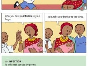 It's not a good idea to put your finger in cow dung to stop it from stinging, even though Sarah said it works. The bacteria in the cow dung will cause an infection, the comic book explains. (Illustration: Informed Health Choices) It's not a good idea to put your finger in cow dung to stop it from stinging, even though Sarah said it works. The bacteria in the cow dung will cause an infection, the comic book explains. (Illustration: Informed Health Choices)