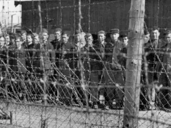 Soviet prisoners of war behind barbed wire at Falstad Camp May 8th 1945. The picture is probably taken after the Norwegian prisoners left the camp. (Photographer: Unknown / The Falstad Centre)