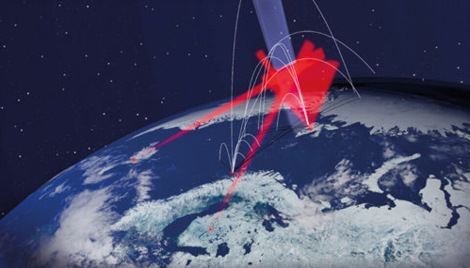The white lines show the trajectories of the eleven research rockets. The red fields are measurements made from the ground. The blue field is the special part of the atmosphere which is going to be studied. Illustration: Andøya Space Centre