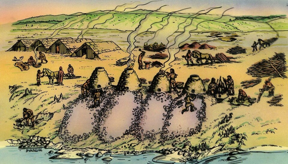 Furnaces, often four in a row, with the equally large slag piles indicating that all the furnaces were run as a unit simultaneously. Each furnace ran on a cyclical program, until the slag pit was full. (Illustration: Inkalill)
