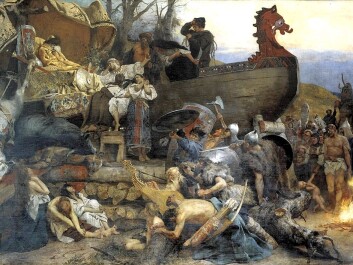 One of the very few known depictions of what might have been rape committed by Vikings, as described by an Arab, Ibn Fadland. In 921, a mission from the Caliphate in Baghdad visited a kingdom on the Volga River in Russia today, and witnessed a funeral where a slave woman volunteered to be the victim after having been used sexually by several men. The Polish painter Henryk Siemiradzki was inspired in 1883 by Ibn Fadlan's story and painted this image. One of the very few known depictions of what might have been rape committed by Vikings, as described by an Arab, Ibn Fadland. In 921, a mission from the Caliphate in Baghdad visited a kingdom on the Volga River in Russia today, and witnessed a funeral where a slave woman volunteered to be the victim after having been used sexually by several men. The Polish painter Henryk Siemiradzki was inspired in 1883 by Ibn Fadlan's story and painted this image.