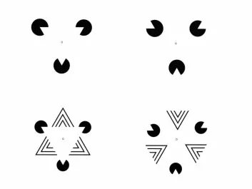 Laeng and Endestad used these illusions, in which configurations of these Pac-Man shapes give an illusion of contures around a white triangle. When the Pac-Man shapes are rotated, the illusion disappears. The white triangle illusion also created pupillary constrictions, but not as strong as "Morning sunlight”. (Figures: Bruno Laeng and Tor Endestad)