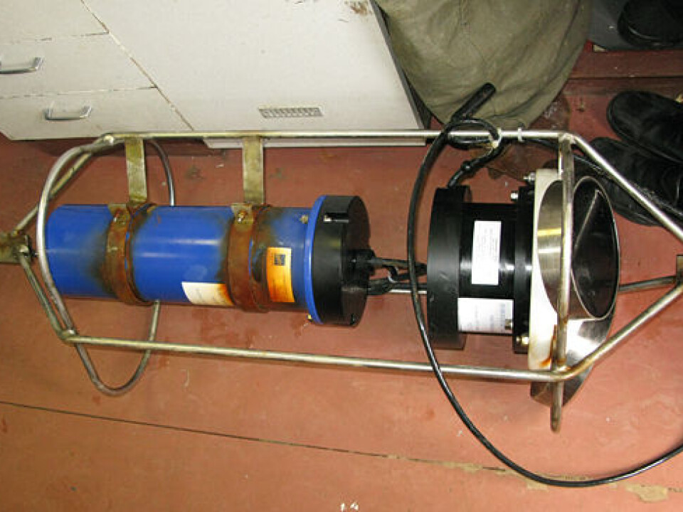 This is one of the two acoustic monitors which were confiscated by Russian authorities. (NorTek Continental 190 kHz ADCP – Acoustic Doppler Current Profiler). (Photo: E. Sentyabov, PINRO)