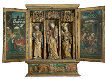 This altarpiece from Austevoll Church is one of the pieces that Kausland believes was made in the Netherlands. What indicates that the piece was made in northern Netherlands are the techniques used in its construction, gilding, sculptures, as well as in the paintings. (Photo: Svein Skare, Bergen Historiske museum, Universitetet i Bergen.) This altarpiece from Austevoll Church is one of the pieces that Kausland believes was made in the Netherlands. What indicates that the piece was made in northern Netherlands are the techniques used in its construction, gilding, sculptures, as well as in the paintings. (Photo: Svein Skare, Bergen Historiske museum, Universitetet i Bergen.)