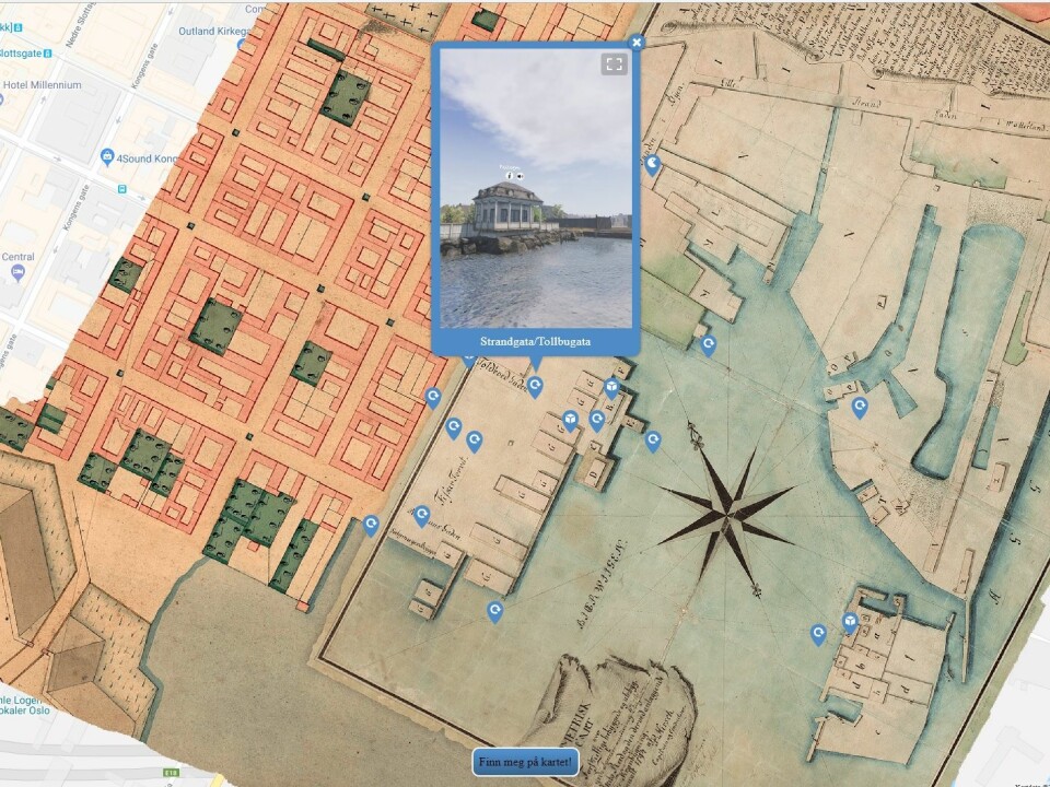 This is what the overlay of the historic map on top of Google Maps looks like. (Screenshot: Port of Oslo 1798 / Google)
