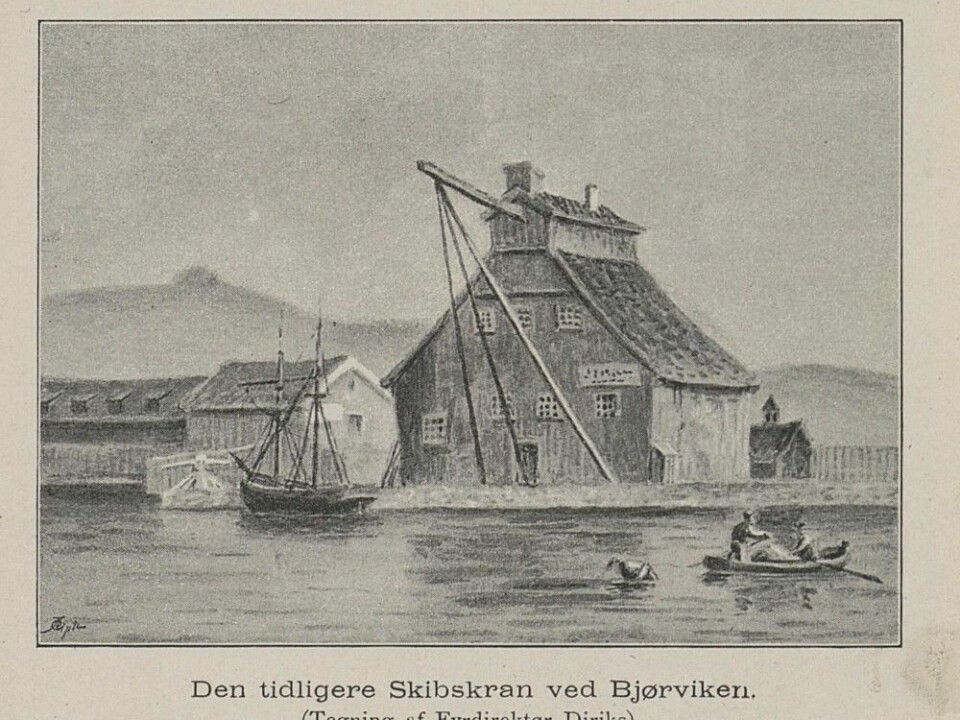 A historic drawing of Brinch's crane from 1893. (Picture: the National Library of Norway)
