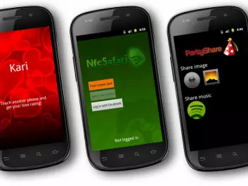 NFC apps developed by students at the University of Tromsø. From left: “Love Tester” Are You The One?, The cicerone NFCSafari and the music-sharer PartyShare, which can also parcel out pictures. (Figure: Department of Computer Sciences, University of Tromsø)