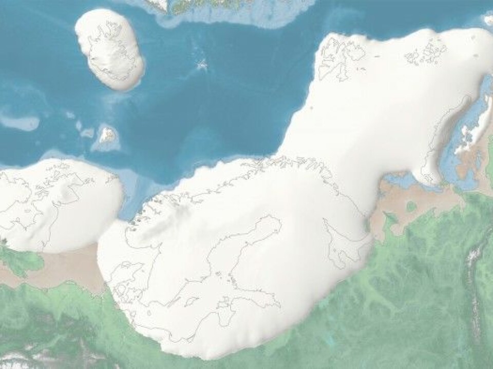 The last ice age started about 35 000 years ago. This images shows the extent of the ice over northern Europe, when the ice cap was at its largest. The average temperature was about 10 degrees C lower than it is today, and the sea level was about 120 metres lower. The image is from the interactive map of the last ice age, where you can watch ice caps shrink and swell over time in northern Europe.