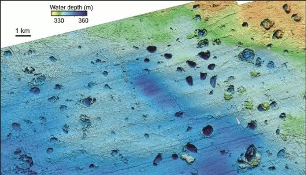 Researchers have found more than 100 craters in the seafloor near Bjørnøya, the southernmost island in the island archipelago of Svalbard. Some of these craters have a diameter of 1000 metres.  The craters formed when pockets of gas hydrates exploded out of the seafloor (Illustration: Andreassen et al. 2017).