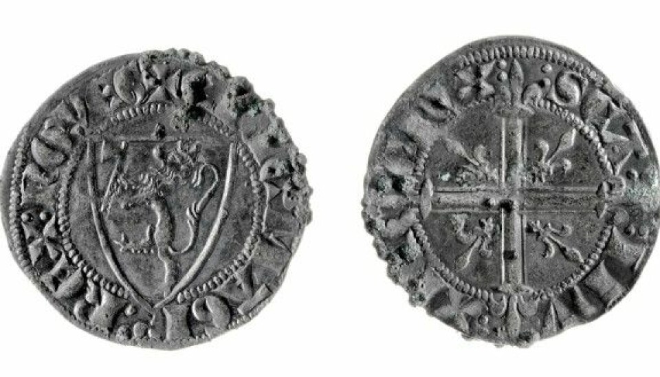 These coins were found in Stange Church in Hedmark county. They were made for King Eirik Magnusson between the years 1285 and 1290. About 80 per cent of all the coins found by Norwegian archaeologists under church floors are from the Middle Ages. (Photo: Lill-Ann Chepstow-Lusty / Cultural History Museum / UiO)