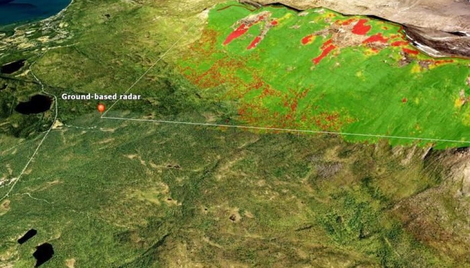 In August 2014, the ground-based radar measured large movements (marked in red) in the rock glaciers at Ádjet in Troms county. (Photo: Norut).