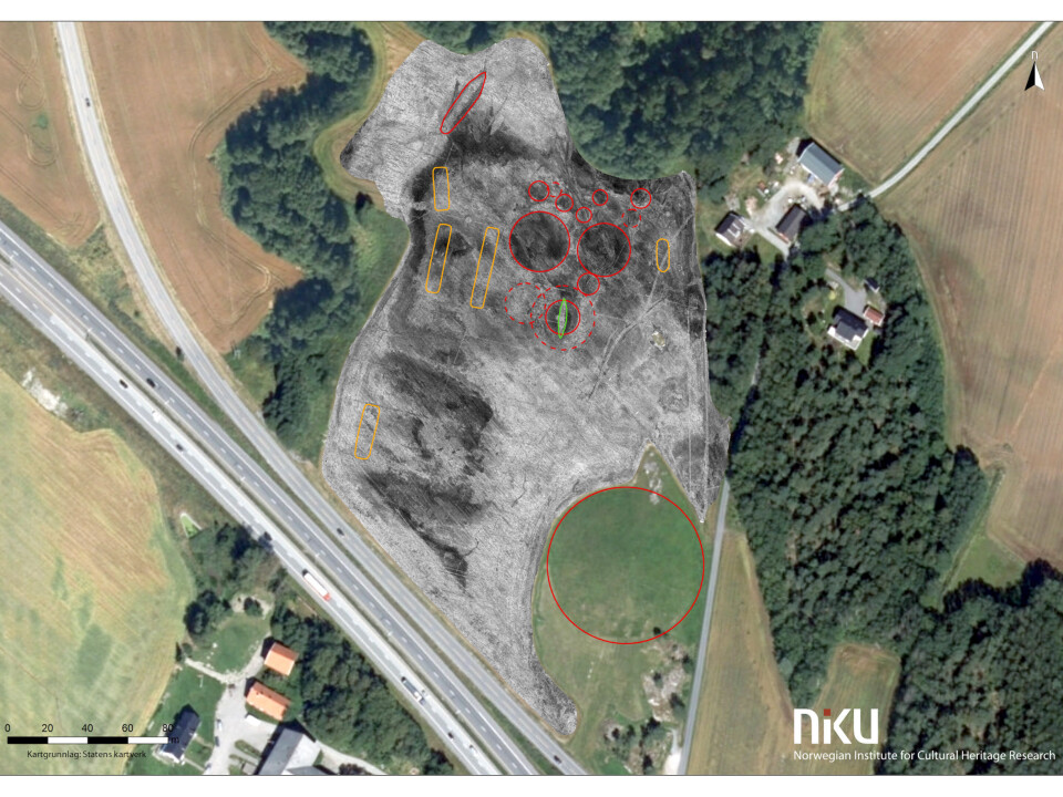 The ship burial forms part of a larger mound cemetery and settlement site from the Iron Age next to the monumental Jell Mound. (Illustration: Lars Gustavsen, NIKU)