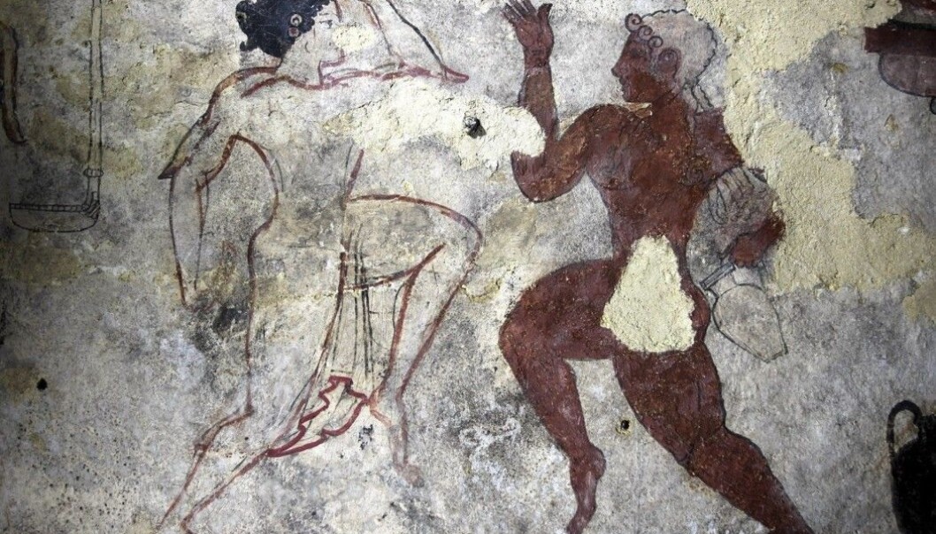 The Etruscans believed that erotic rituals, blood rituals and ecstatic dance would bring the soul safely to the Kingdom of Death. The picture is from the Tomb of the Lionesses in Tarquinia. The Etruscans believed that erotic rituals, blood rituals and ecstatic dance would bring the soul safely to the Kingdom of Death. The picture is from the Tomb of the Lionesses in Tarquinia.
