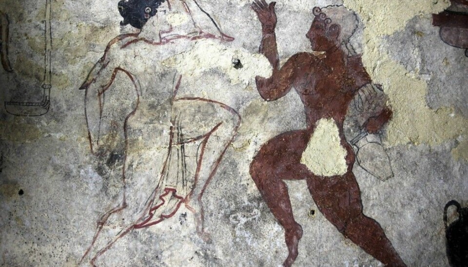The Etruscans believed that erotic rituals, blood rituals and ecstatic dance would bring the soul safely to the Kingdom of Death. The picture is from the Tomb of the Lionesses in Tarquinia.