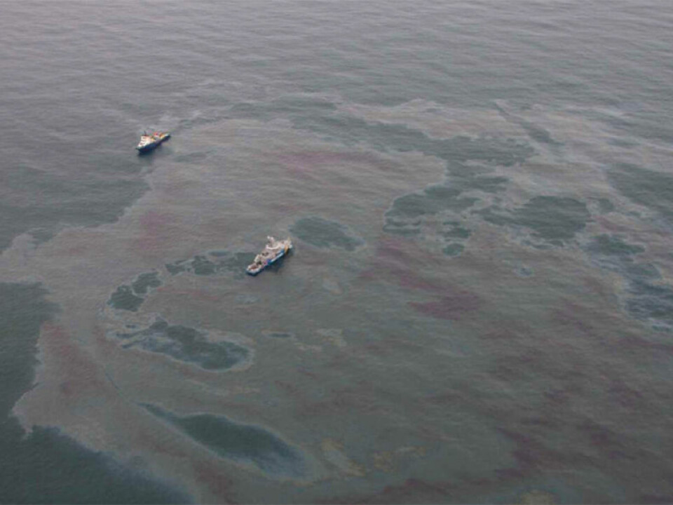 An aerial photo from an oil spill containment drill shows an oil slick from low altitude. (Photo: The Norwegian Coastal Administration/NOFO/Sundt Air)