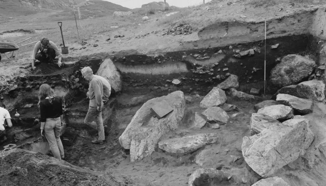 The excavation of Slettabø in Rogaland county, Norway, 1977. An important Neolithic site for understanding the Norwegian Early Stone Age. The thick cultural layers (dark, coal-bearing layers) are bounded by layers of aeolian sand. (Photo: from www.unimus.no)