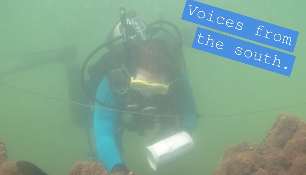 Field work in murky water to illustrate how Brazilian reefs surrounded by murky water due to a greater river input to coastal waters (Photo: Author provided) Field work in murky water to illustrate how Brazilian reefs surrounded by murky water due to a greater river input to coastal waters (Photo: Author provided)
