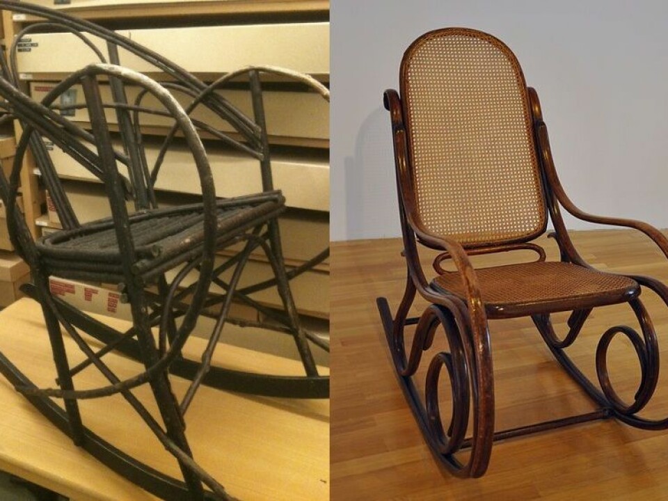 Pictured on the right is an original Thonet rocking chair from 1870. On the left is the home-made copy in the Tromsø University Museum. (Photo: Hanne Jakobsen/FA2010/Wikimedia Creative Commons)