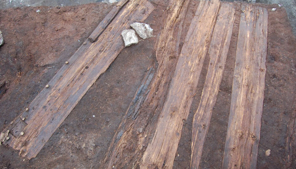 Boat planks re-used as parts of a house. The planks were found in the protected cultural layers of the farm mound. (Photo: Tromsø University Museum)