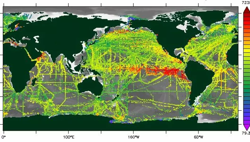 This overview shows the actual CO2 concentrations in ocean areas. The warmer the colours, the more carbon dioxide in local waters. (Graphics: SOCAT)