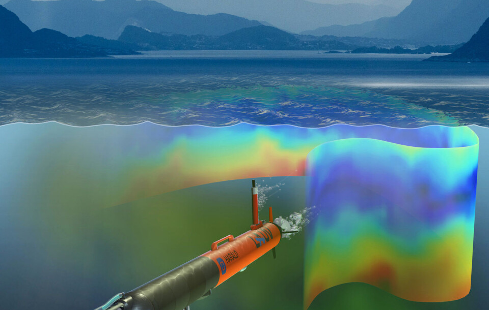 An artist’s visualization of the autonomous underwater vehicle under the waves in the context of the waters off the Runde Island. (Image: David Fierstein and Arild Hareide)