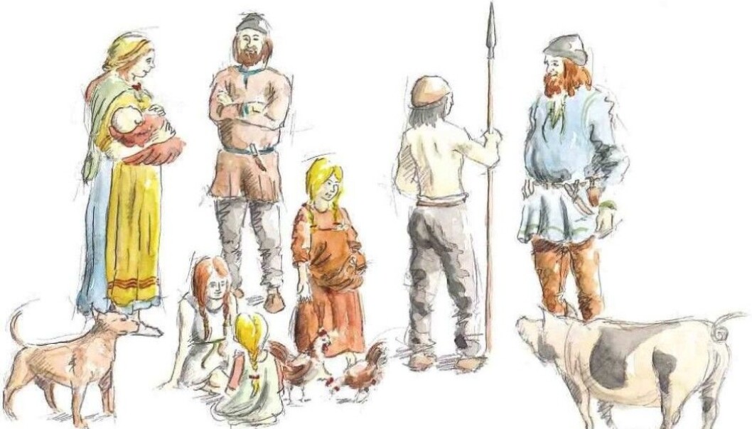Scientists often imagine that men’s and women’s roles during the Viking Age were clearly differentiated, archaeologist Marianne Moen says. “The illustrations show women making food and holding children, while men were active, in battle,” she says. But maybe this wasn’t the way things were. The illustration is from “Vikinger i vest” (Vikings in the West), published in 2009. (Illustration: Peter Duun) Scientists often imagine that men’s and women’s roles during the Viking Age were clearly differentiated, archaeologist Marianne Moen says. “The illustrations show women making food and holding children, while men were active, in battle,” she says. But maybe this wasn’t the way things were. The illustration is from “Vikinger i vest” (Vikings in the West), published in 2009. (Illustration: Peter Duun)