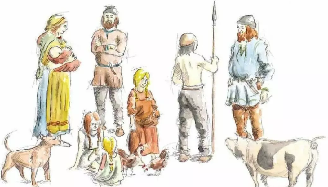 Scientists often imagine that men’s and women’s roles during the Viking Age were clearly differentiated, archaeologist Marianne Moen says. “The illustrations show women making food and holding children, while men were active, in battle,” she says. But maybe this wasn’t the way things were. The illustration is from “Vikinger i vest” (Vikings in the West), published in 2009. (Illustration: Peter Duun)