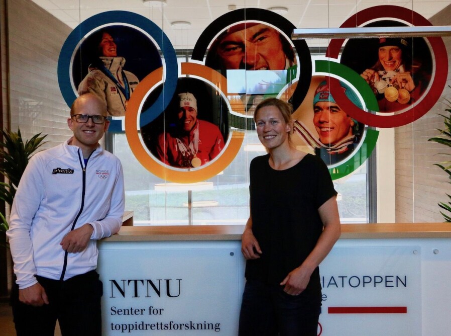 Øyvind Sandbakk (left) and Guro Strøm Solli have collaborated on a series of articles detailing Marit Bjørgen’s training techniques. Sandbakk is professor and managing director of NTNU’s Centre for Elite Sports Research. Solli is a PhD candidate at NTNU and Nord University. (Photo: Nancy Bazilchuk / NTNU)