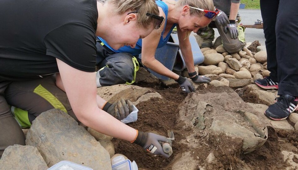 The cauldron has been uncovered, and Heidi Fløttum Westgaard, Ellen Grav Ellingsen and Kjell André Brevik carefully clean it off. (Photo: Astrid Kviseth / NTNU University Museum)