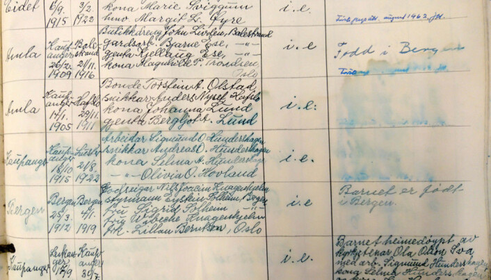This photo is an excerpt of a parish register, showing people baptized in Kaupanger village in Sogndal municipality. When the building that housed the records went up in flames in December 2017, water made its way into the safe where the register was kept. This page is relatively unscathed because waterproof ink was used. (Photo: Marianne Herfindal Johannessen / National Archives) This photo is an excerpt of a parish register, showing people baptized in Kaupanger village in Sogndal municipality. When the building that housed the records went up in flames in December 2017, water made its way into the safe where the register was kept. This page is relatively unscathed because waterproof ink was used. (Photo: Marianne Herfindal Johannessen / National Archives)