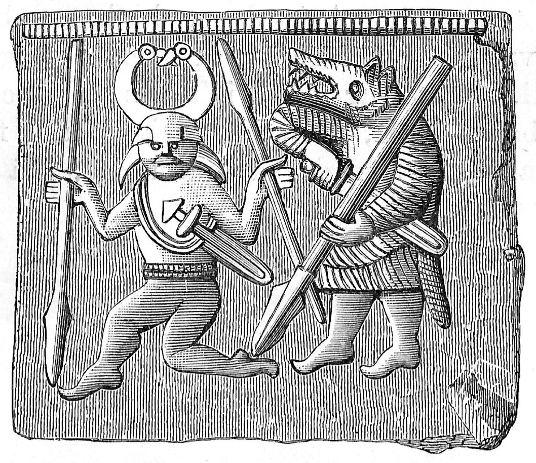 This image dates from 550-800 and is thought to depict Odin (left) and a berserker, a warrior who fought with bloodthirsty aggression on the battlefield. (Source: Oscar Montelius, About life in Sweden during the pagan times, Wikimedia commons) This image dates from 550-800 and is thought to depict Odin (left) and a berserker, a warrior who fought with bloodthirsty aggression on the battlefield. (Source: Oscar Montelius, About life in Sweden during the pagan times, Wikimedia commons)