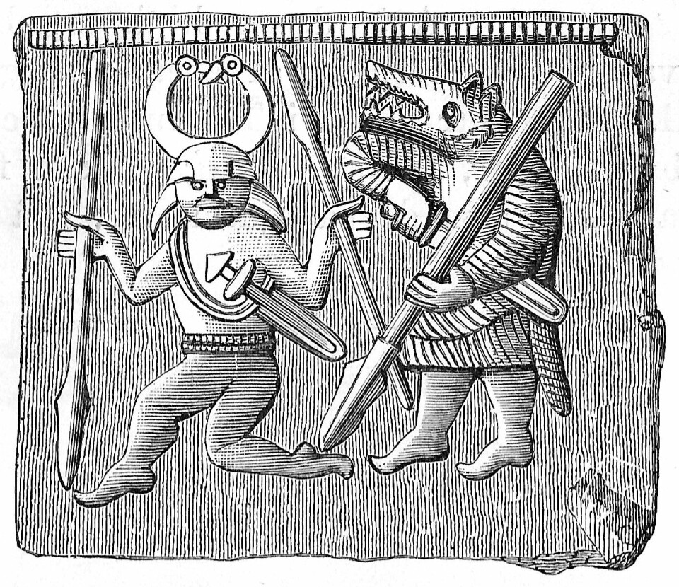 This image dates from 550-800 and is thought to depict Odin (left) and a berserker, a warrior who fought with bloodthirsty aggression on the battlefield. (Source: Oscar Montelius, About life in Sweden during the pagan times, Wikimedia commons)