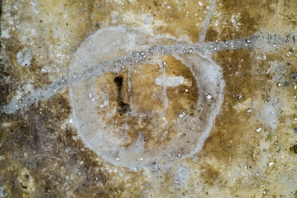 Here’s what the archaeological site looks like from the air. The picture clearly shows the discolouration around the location of the house left from the ditch that surrounded the structure. The stripe that goes across the top of the picture is from a modern-day ditch. (Photo: Raymond Sauvage, NTNU Vitenskapsmuseet)