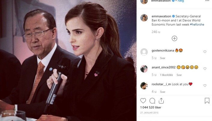 Emma Watson has the lowest CO2 emission among the selected celebrities. The photo from Watsons Instagram-account shows the actress speaking next to former Secretary-General Ban Ki-Moon at Davos World Economic Forum. Emma Watson has the lowest CO2 emission among the selected celebrities. The photo from Watsons Instagram-account shows the actress speaking next to former Secretary-General Ban Ki-Moon at Davos World Economic Forum.