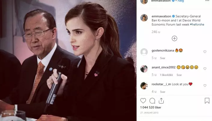 Emma Watson has the lowest CO2 emission among the selected celebrities. The photo from Watsons Instagram-account shows the actress speaking next to former Secretary-General Ban Ki-Moon at Davos World Economic Forum.