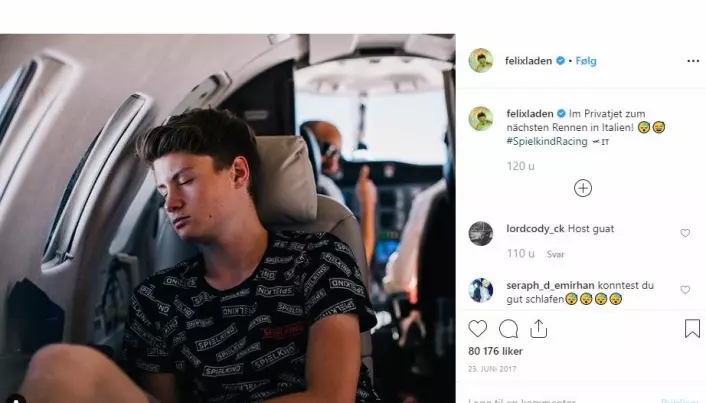 Felix von der Laden is a german youtube star. His youtube channel has 3,2 million subscribers. The photo from his instagram account is captioned "in private jet for the next race in Italy".