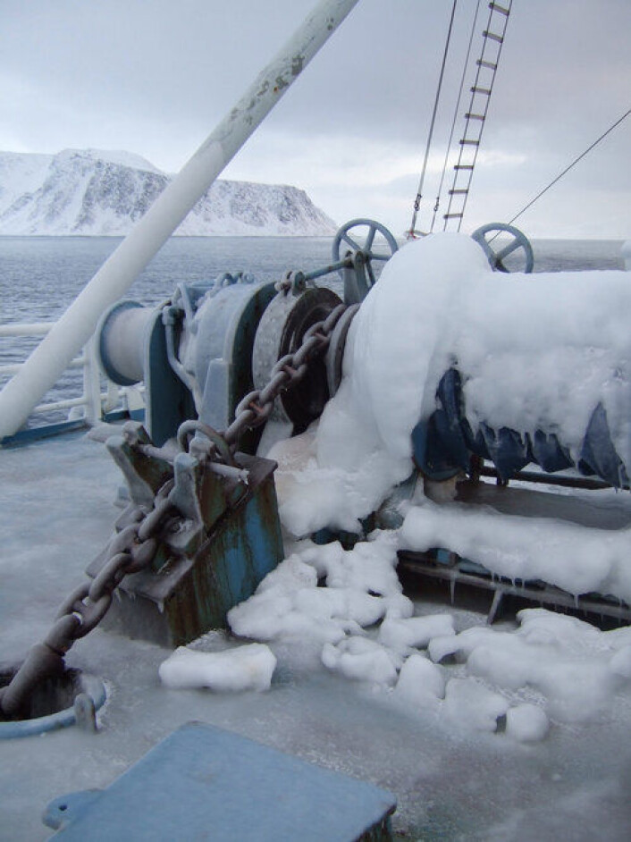 Icing on research vessel Lance. So called maritime icing can add tremendous weight to a ship and cause it to sink. (Photo: Eli Anne Ersdal) Icing on research vessel Lance. So called maritime icing can add tremendous weight to a ship and cause it to sink. (Photo: Eli Anne Ersdal)