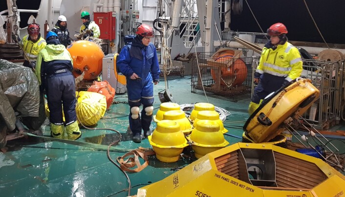 When an oceanographic mooring is safely on board after standing for one to two years in the ocean, it is time for maintenance of the measuring instruments before deploying them back in the sea. When an oceanographic mooring is safely on board after standing for one to two years in the ocean, it is time for maintenance of the measuring instruments before deploying them back in the sea.