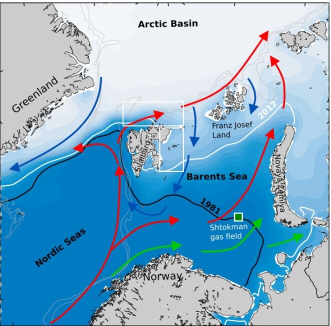 Map of dominant currents in the European part of the Arctic Ocean (red arrows indicate the flow of warm Atlantic water inside the Arctic Ocean, blue arrows indicate the flow of colder Arctic water out of the Arctic Ocean, green arrows indicate flow of Norwegian coastal water), and the exploration areas for the ongoing expedition east and north of Svalbard (white boxes). The ice spread in 1981 and 2017 is indicated respectively by a black and white line in the Barents Sea. Map of dominant currents in the European part of the Arctic Ocean (red arrows indicate the flow of warm Atlantic water inside the Arctic Ocean, blue arrows indicate the flow of colder Arctic water out of the Arctic Ocean, green arrows indicate flow of Norwegian coastal water), and the exploration areas for the ongoing expedition east and north of Svalbard (white boxes). The ice spread in 1981 and 2017 is indicated respectively by a black and white line in the Barents Sea.