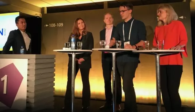 Norwegian Broadcasting Corporation programme leader Christian Strand led a panel debate on gene testing during the EHIN conference in Oslo in mid-November. From left: Anne Kjersti Befring, Ole Johan Borge, Håvard Kristoffersen Hansen and Inger Lise Blyverket.