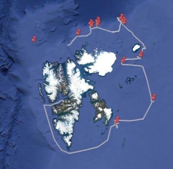Cruise track of RV Kronprins Haakon during the Nansen Legacy mooring service cruise. The red pines mark positions of oceanographic moorings. Click to add image caption Cruise track of RV Kronprins Haakon during the Nansen Legacy mooring service cruise. The red pines mark positions of oceanographic moorings. Click to add image caption