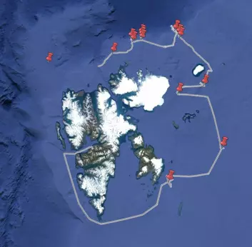 Cruise track of RV Kronprins Haakon during the Nansen Legacy mooring service cruise. The red pines mark positions of oceanographic moorings. Click to add image caption