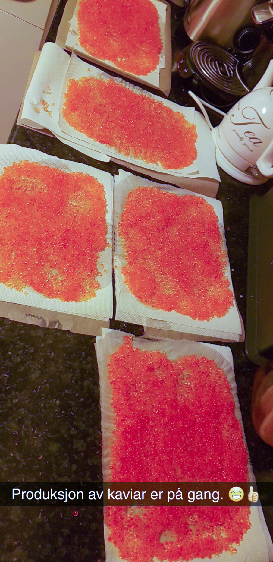 When the roe has been cured, I then place it on kitchen roll on the kitchen counter.