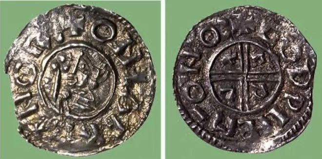 The first Norwegian coin from the year 995, minted under King Olav Tryggvason. On the front it says "ONLAF REX NORmannorum" (Olav King of the Norwegians) and on the back GODWINE MO NOR (Godwine coin master in Norway)