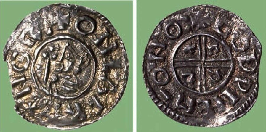 The first Norwegian coin from the year 995, minted under King Olav Tryggvason. On the front it says 'ONLAF REX NORmannorum' (Olav King of the Norwegians) and on the back GODWINE MO NOR (Godwine coin master in Norway)