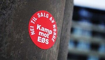 A sticker opposing the EEA. A clear majority in Norway today support the agreement. A sticker opposing the EEA. A clear majority in Norway today support the agreement.
