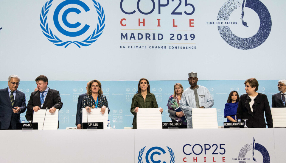Petteri Taalas (L), Teresa Ribera, Carolina Schmidt, Tijjani Muhammad-Bande and Patricia Espinosa (R) during the 8th day UN Climate Change Conference COP 25 Chile-Madrid on Dec. 10.